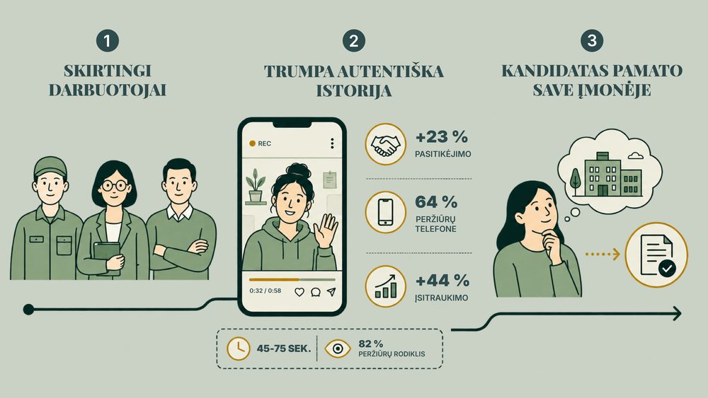 Darbuotojų istorijos kaip storytellingas: skirtingi darbuotojai, trumpa 45–75 sek. autentiška istorija, kandidatas pamato save įmonėje